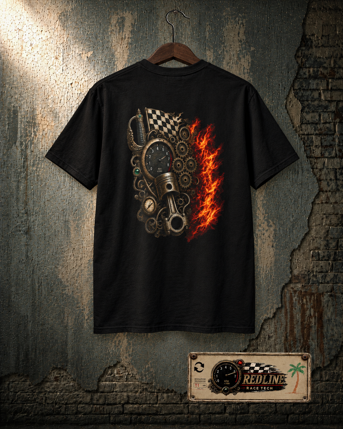 Back view of Redline Race Tech Everyday Cotton T-shirt on the matching gray-green workshop wall