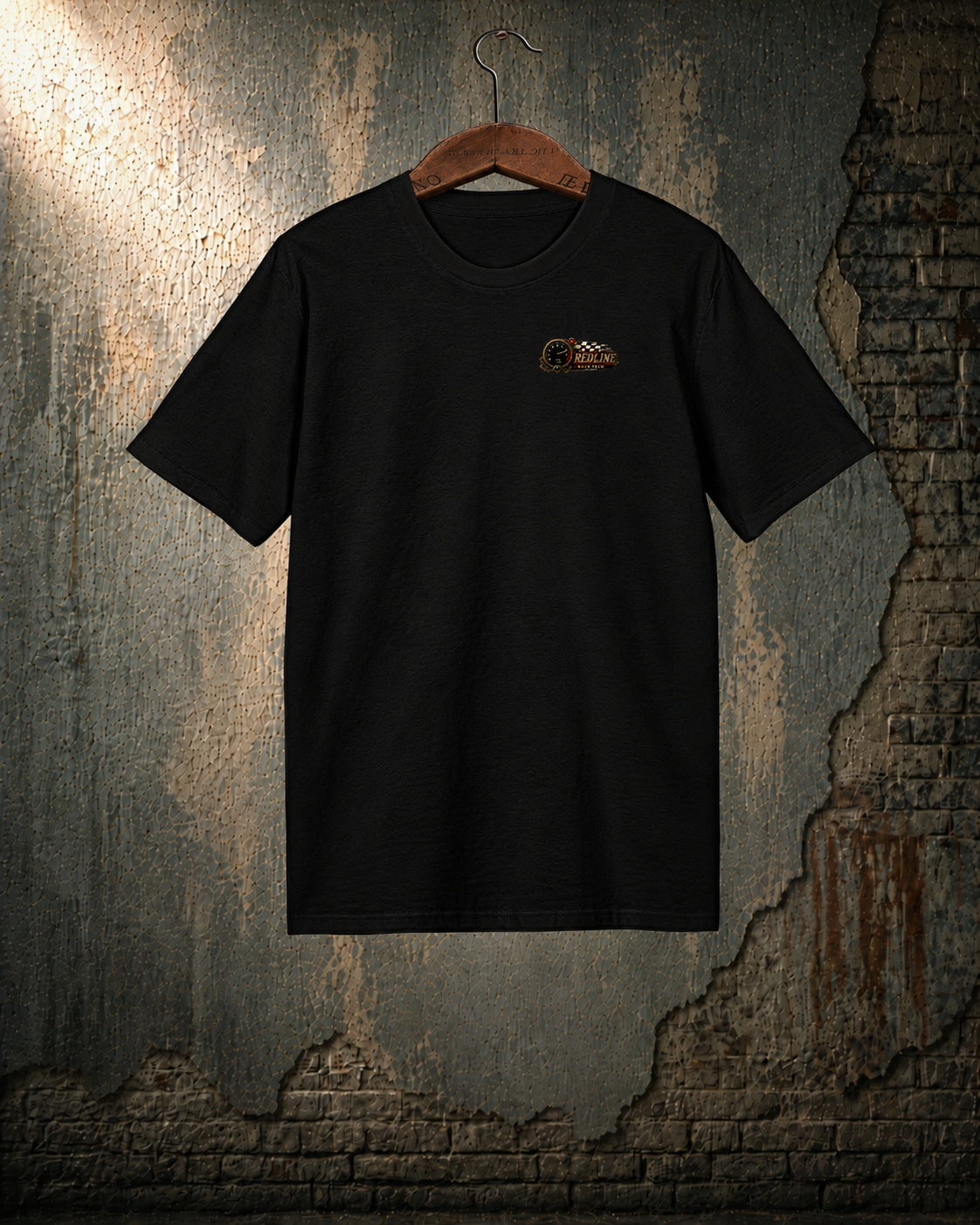Redline Race Tech front-only T-shirt with a small left-chest logo; back is plain