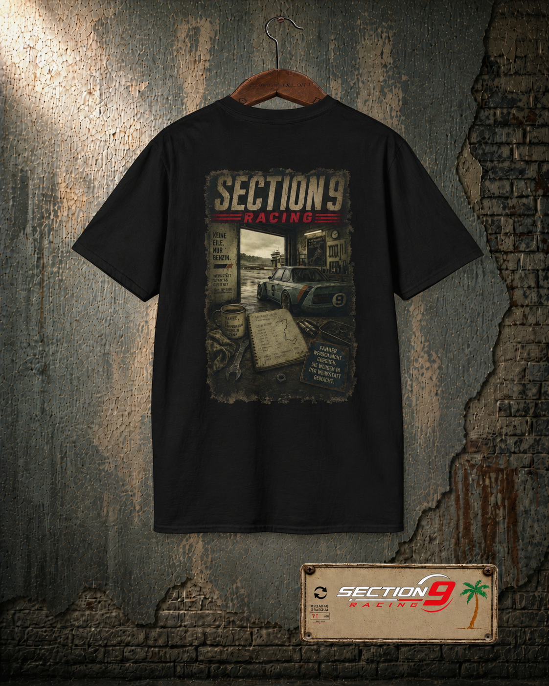 Section 9 Everyday Cotton Gildan 64000 — back print, matching garage background
