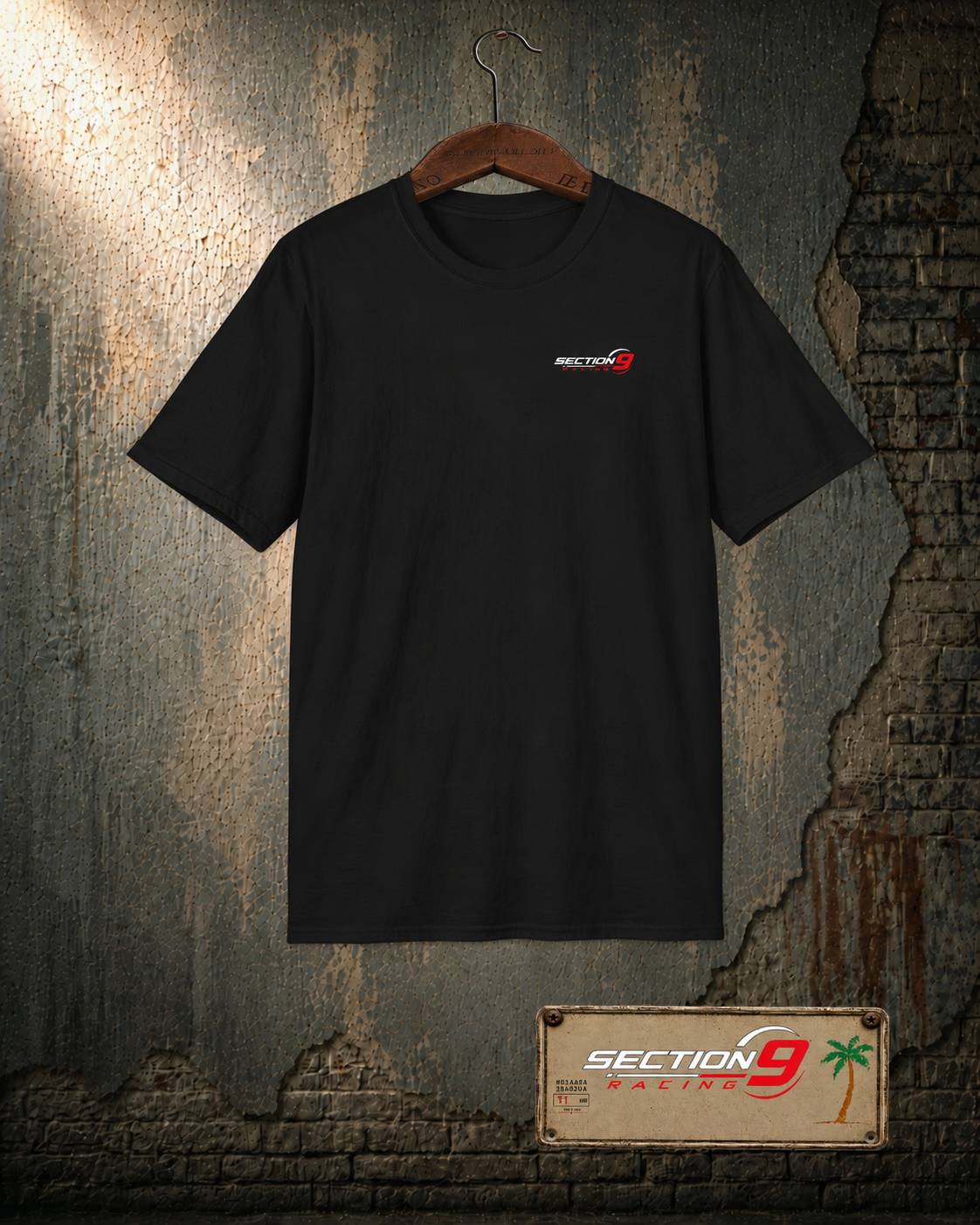 Section 9 Racing front-only T-shirt with small chest logo on the matching workshop background
